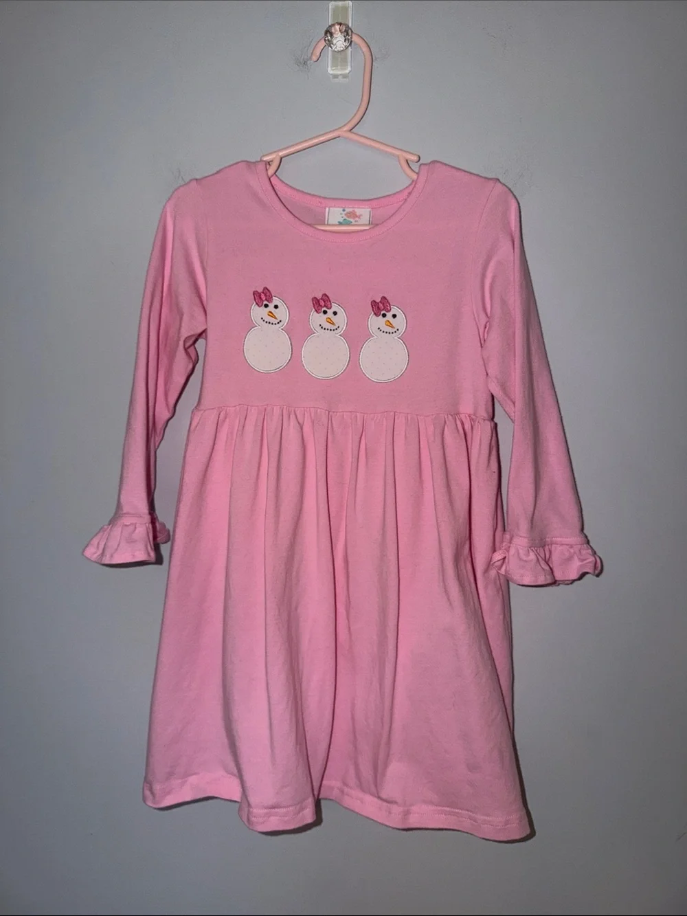 Stitchy Fish Girls Snowman Dress Size 3T Pink Long Sleeve Winter Preppy Cotton
